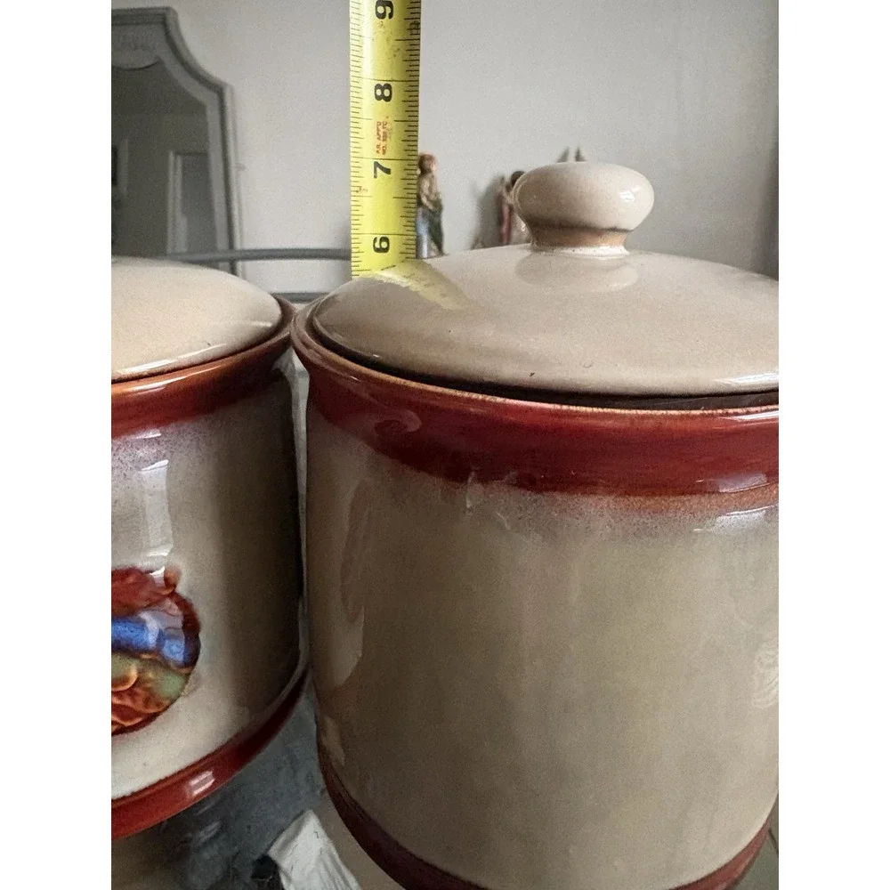 Vintage Ceramic Rooster Canister Set of 3 Drip Glaze Farmhouse Kitchen Jars